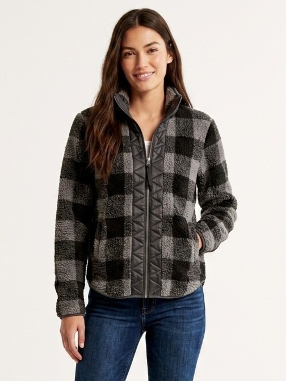 Vintage Abercrombie & Fitch Buffalo Check Zip-Front Teddy Jacket In Gray/Black